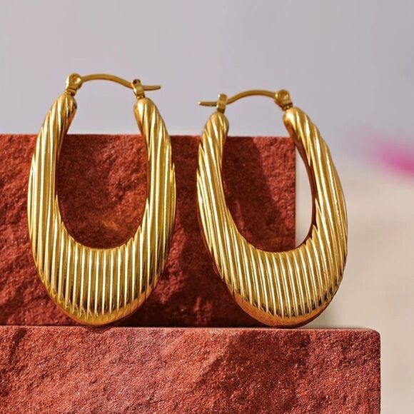 #27 New Gold Textured Long Oval Hoops - Picture 3 of 11